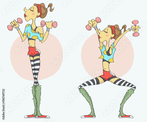 Cartoon of funny, stylish woman with fit body in sporty outfit exercising with dumbbells, two different positions.