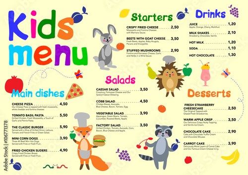 Cute colorful meal kids menu template 