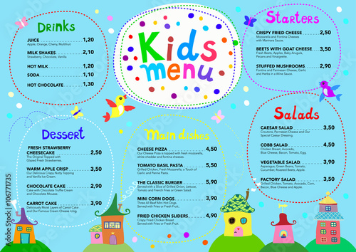 Cute colorful meal kids menu template 