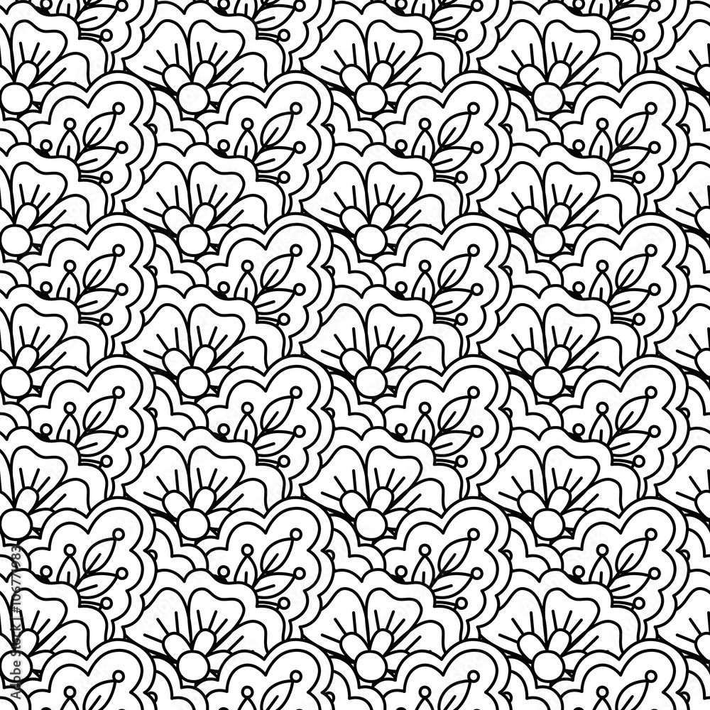 Seamless black and white background. Floral, ethnic, hand drawn elements for design. Good for coloring book for adults or design of wrapping and textile.