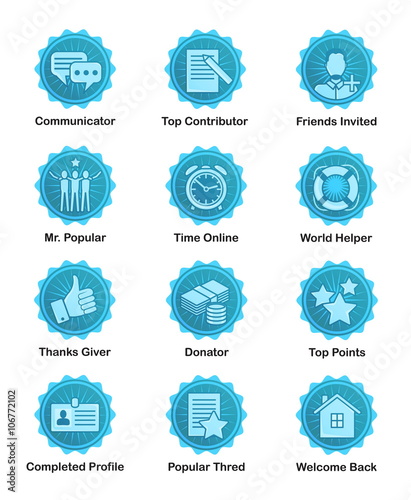 A set of glossy blue achievement winnwer badges to appreciate top contributors. For web, social applications and sites, forums and blogs.