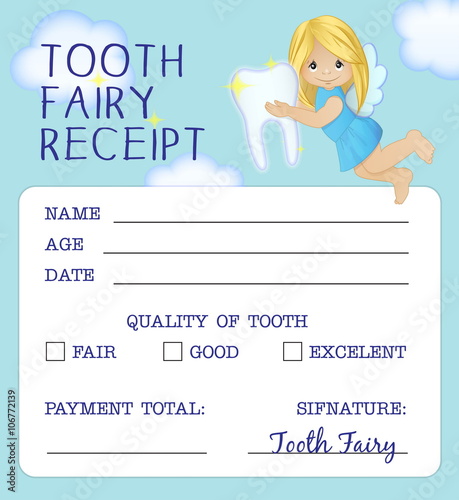 Cute tooth fairy receipt certificate fun document design to reward children who loose their baby teeth