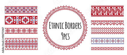 A set of ethnic traditional slav embroidery seamless borders in red, blue and white colours with floral and geometric ornaments. Cam be used for pattern brush.