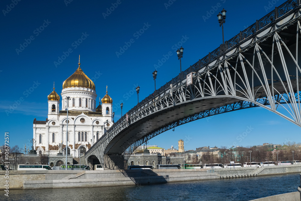View of the Patriarshy Bridge, Cathedral of Christ the Savior and tourist buses.