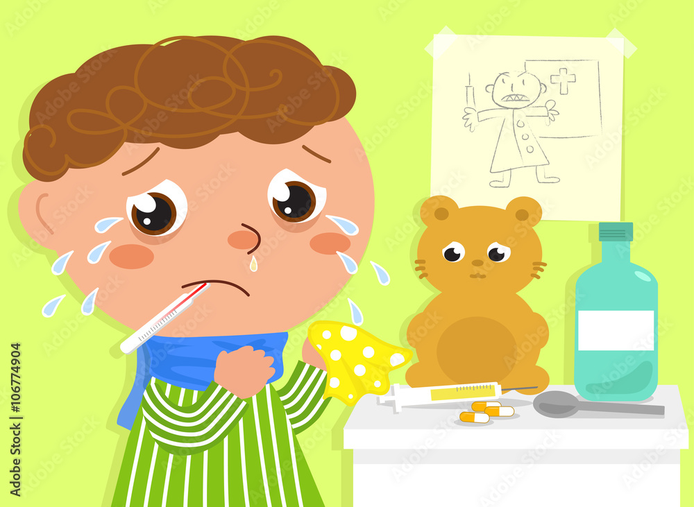 Ill boy in tears scared by syringe and doctor vector Ill boy in tears scared by syringe and doctor vector
