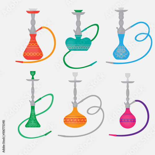 PrintHookah labels and smoke logo. Set of oriental nargile silhouettes. Isolated  traditional shishe