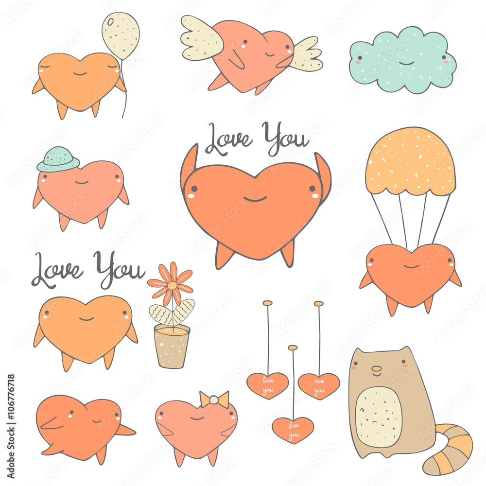 Cute hand drawn doodle heart characters collection Stock Vector | Adobe ...