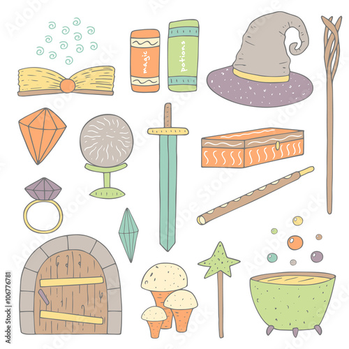 Cute hand drawn doodle magic objects collection 