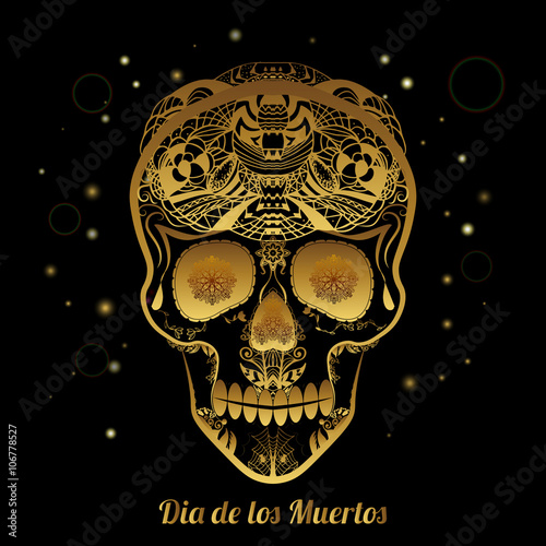 Gold ornamental sugar skull. Dia de los Muertas (Day of the Dead