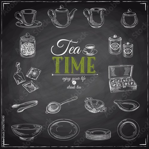 Vector hand drawn illustration of tea set. 