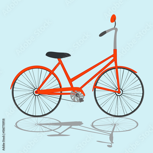 The orange bike leaves a shadow on light blue background.  Isolated.  Vector illustration.