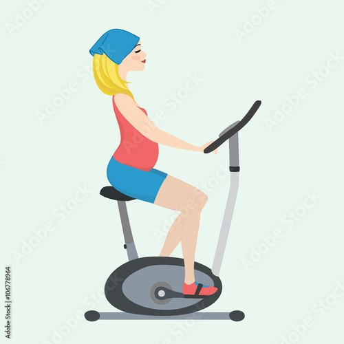 Pregnant woman on exercise bike. A bright background. Vector illustration.
