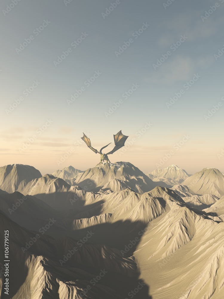 Naklejka premium Green Dragon Perched on the Mountains - fantasy illustration