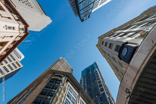 Five tall buildings upright