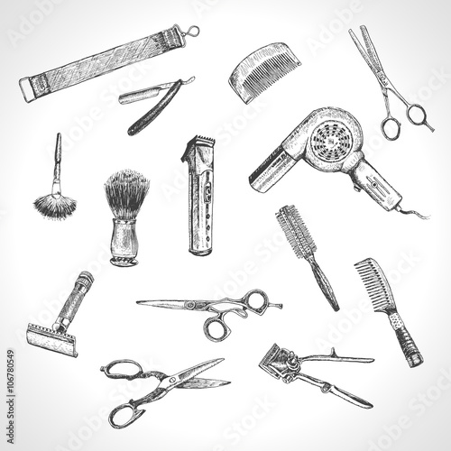 Hand drawn hairdressers professional tools. Barber Stylist Tools set. Vector barber shop vintage collection. Retro Illustration in ancient engraving style