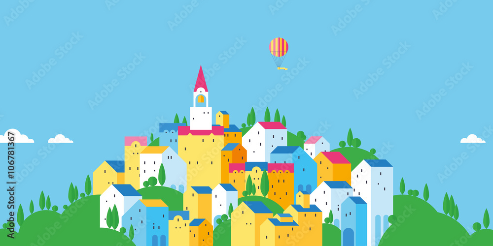 Bright old town. Colored houses. Old European city. Flat design.