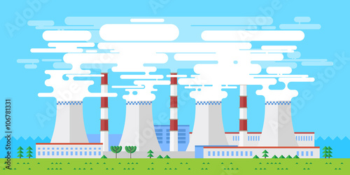 Energy station. The nuclear power plant on the background of the city. Set of elements for construction of urban and village landscapes. Vector flat illustration