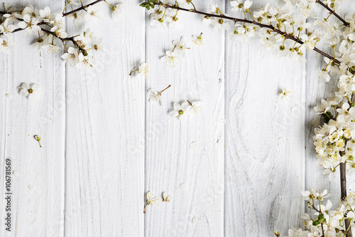 spring background. fruit flowers on wooden table