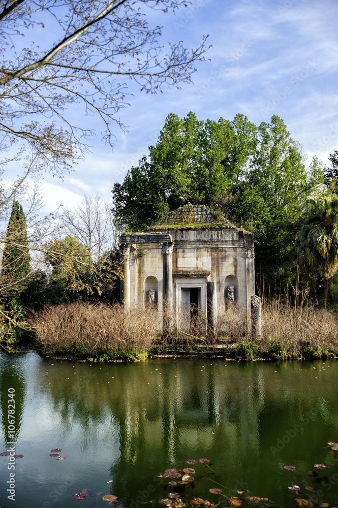 ruins in the English garden in the royal park in caserta