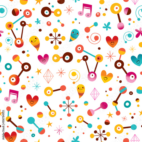 fun cartoon abstract art retro seamless pattern with cute characters