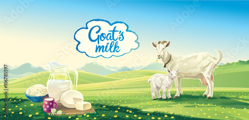 Country landscape with goat and kid and set dairy product. Vector illustration.