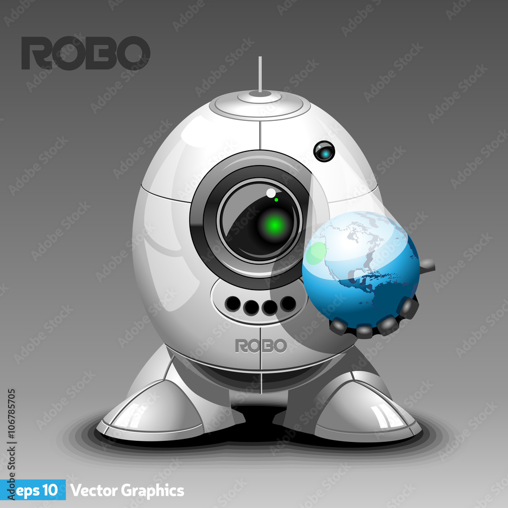 Robot Holding Planet Earth Hologram in one Hand. Robot Cyborg with Eye  Camera Hologram Projector, Arms and Legs. Digital background vector  illustration. Stock Vector | Adobe Stock