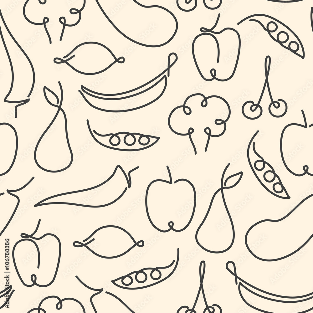 Seamless pattern made of one line fruits and vegetables illustra Seamless pattern made of one line fruits and vegetables illustra
