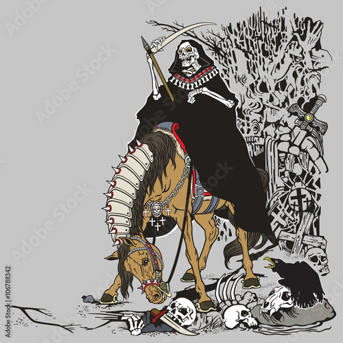 grim reaper sitting on the horse in the old cemetery