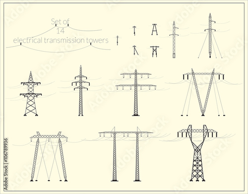 Set of fourteen high voltage power lines / Set of fourteen electric power transmission tower (black silhouette)