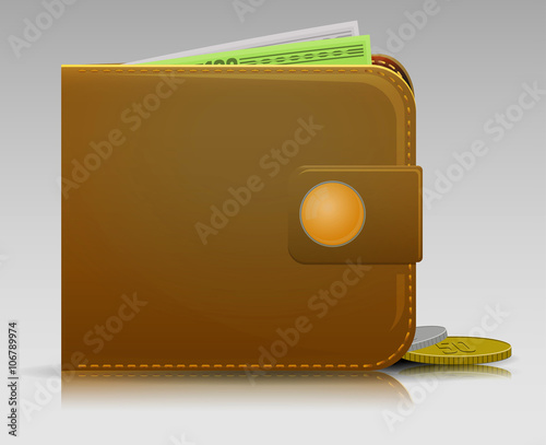 Stylish leather  wallet / Purse from a brown leather, and two coins