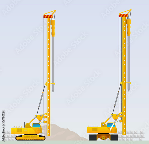 Piling machine before clogging piles / Pile driver machine (Front and side views)