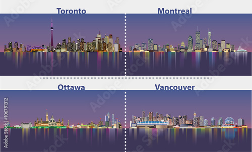 Toronto, Ottawa, Vancouver, Montreal cities skylines at night vector illustrations