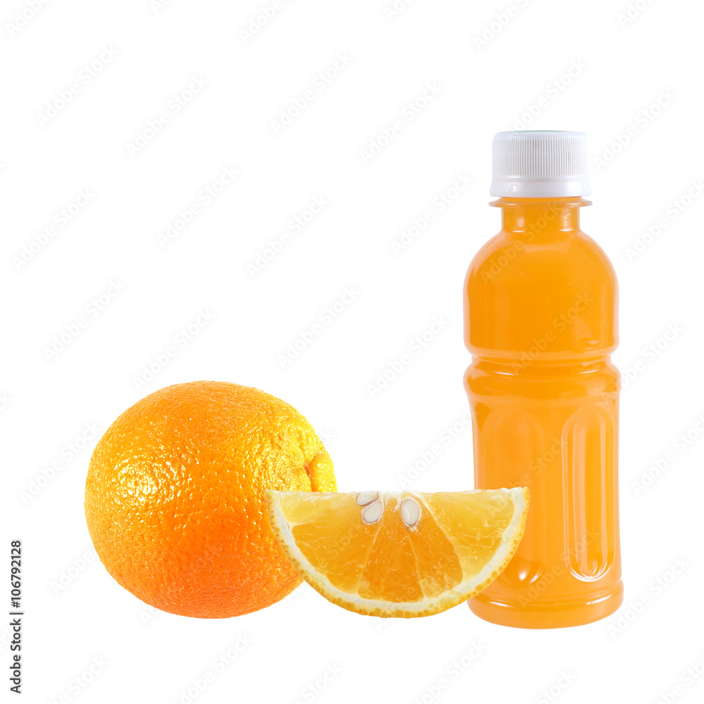 Orange fruit with Orange juice in a bottle isolated on white Orange fruit with Orange juice in a bottle isolated on white