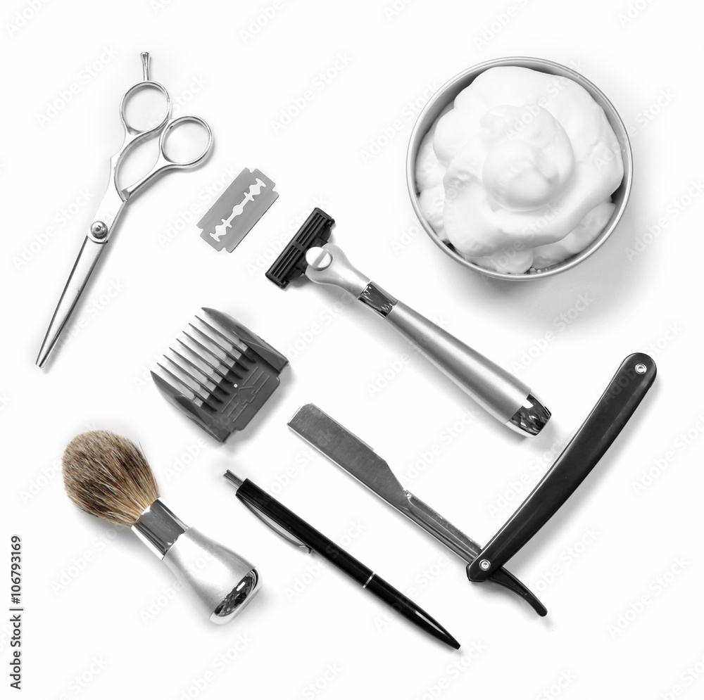 Shaving set with equipment, tools and foam, isolated on white Shaving set with equipment, tools and foam, isolated on white