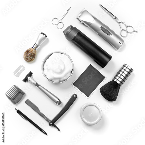 Black photo, shaving set with equipment, tools and foam, isolated on white