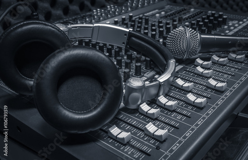 microphone,headphone,sound mixer background. photo