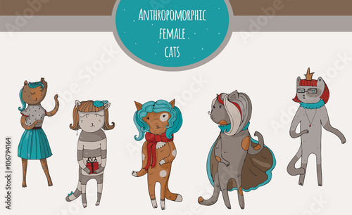 Set of beautiful cat female characters, hand-drawn, fun, kind.