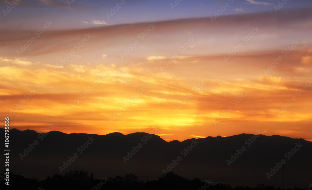 Sunrise colorful dawn twilight morning sky background in Inle, Myanmar