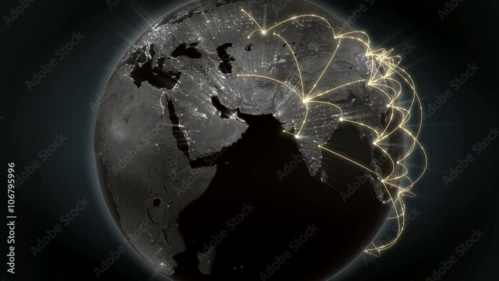 Growing network connection around the world. Global network, internet concept. Orange version. Loopable. 4K