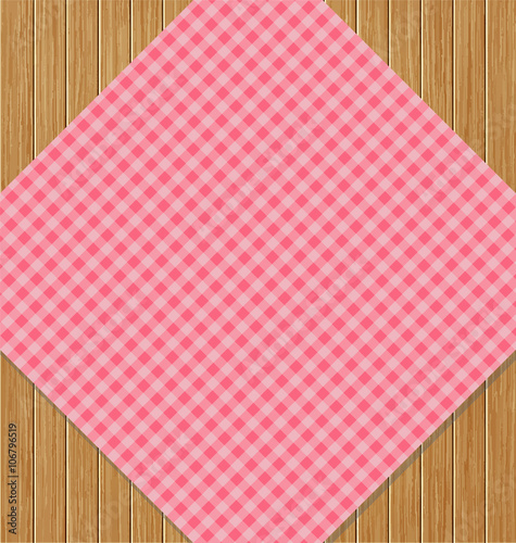 Pink Checkered Tablecloth on Brown Oak Wooden Table