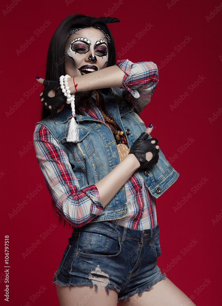 Beautiful sexy brunette model woman.Look zombie. Creative make up. Helloween concept.