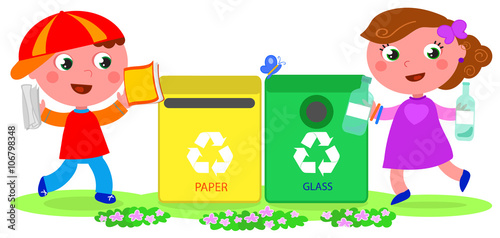 Boy and girl recycling in paper and glass bin. Vector illustration.