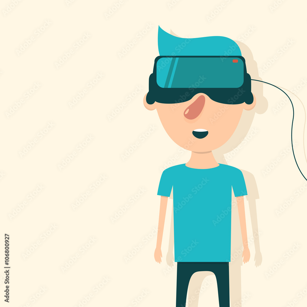 Man with glasses of virtual reality. Flat vector illustration
