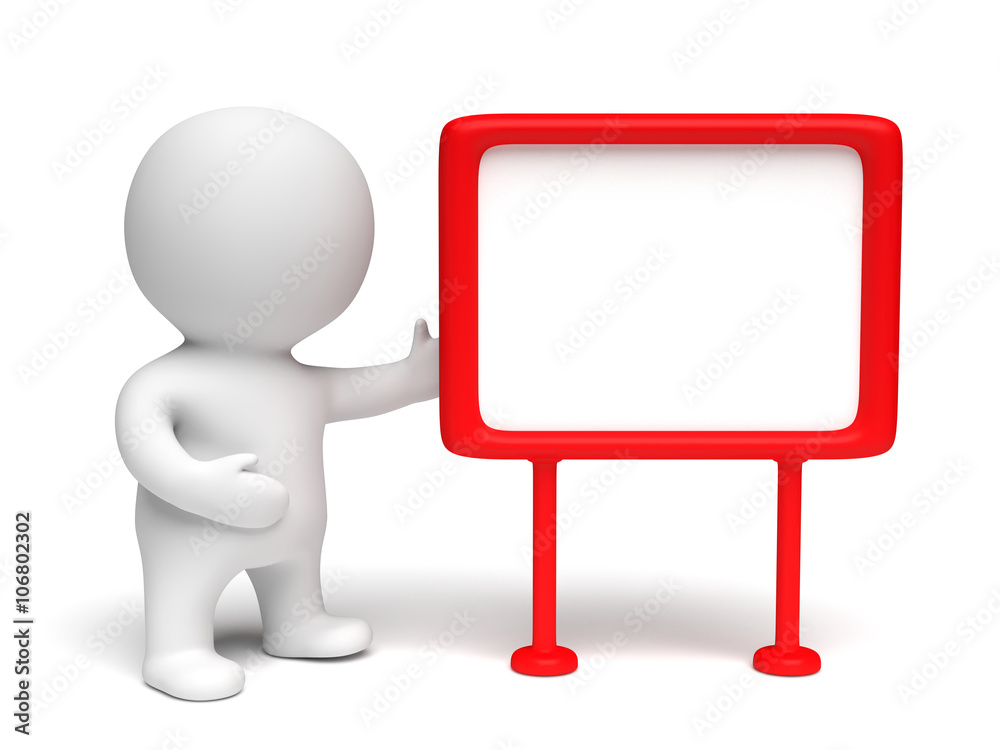 white 3d character presenting a red framed blank board in a white scene (3D illustration white 3d character presenting a red framed blank board in a white scene (3D illustration