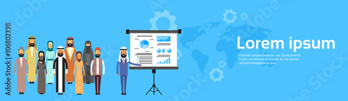 Arab Business People Group Presentation Flip Chart Finance, Arabic Team Training Conference Muslim Meeting World Map Background