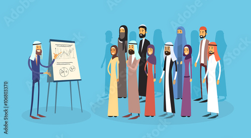Arab Business People Group Presentation Flip Chart Finance, Arabic Businesspeople Team Training Conference Muslim Meeting