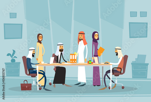 Arab Business People Meeting Discussing Office Desk Muslim Arabic  Businesspeople Working