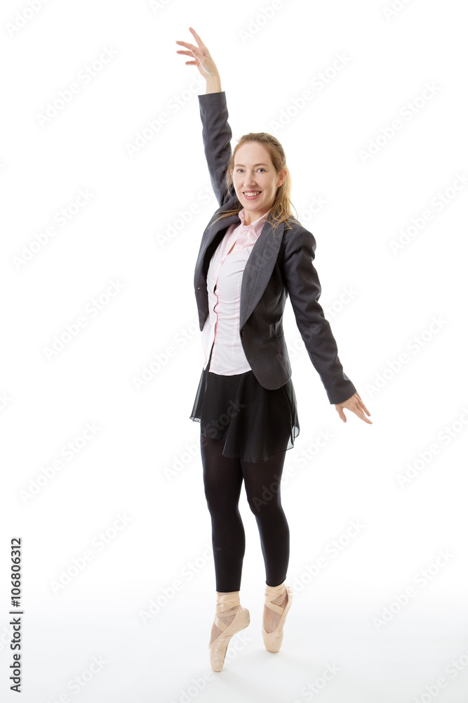 Full length studio shot of a business ballerina en pointe with her arm raised above her head. isolated on white Full length studio shot of a business ballerina en pointe with her arm raised above her head. isolated on white