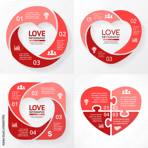 Vector heart circle infographic. Template for love cycle diagram, graph, presentation, round chart. Business concept with 3, 4 options, parts, steps, processes. Happy Valentines Day.