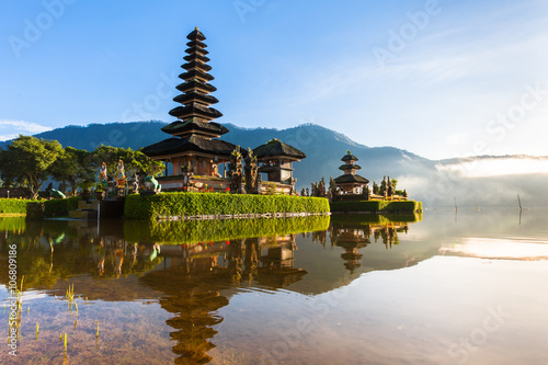 Pura Ulun Danu Bratan at sunrise, famous temple on the lake, Bedugul, Bali, Indonesia. photo